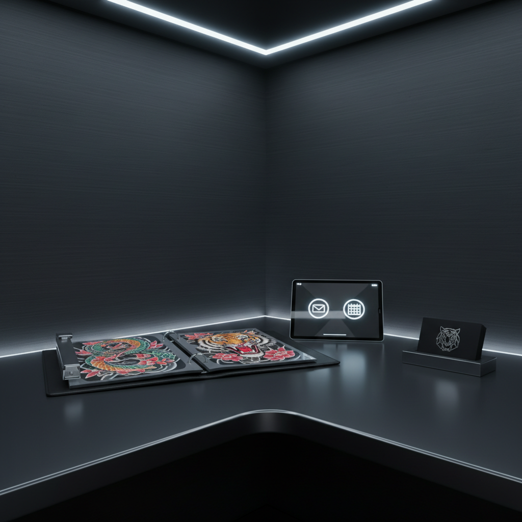 Digital-art illustration for a contact/inquiry page: a sleek, dark studio corner featuring a polished metal desk against a textured charcoal wall. On the desk, an open portfolio binder displays plastic sleeves with printed tattoo designs—intricate sleeves, chest pieces, and bold back designs with tigers, skulls, and lilies. Beside it sits a minimalist tablet showing a stylized interface with icon-like symbols for messages and calendar, no text. A simple business card holder displays thick black cards bearing an abstract tiger emblem. Soft, cool studio lighting from above and a subtle rim light from behind the desk add depth and reflections, creating a confident, professional mood. Shot from a slightly low angle with centered composition, the scene silently invites serious clients to reach out.