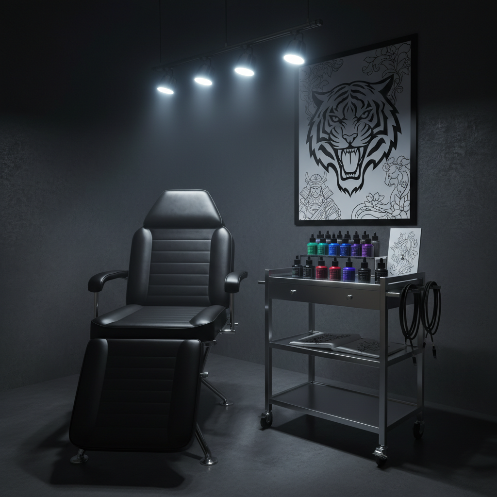 Digital-art scene for an About page: a minimalist, organized tattoo workstation without any people. A black leather tattoo chair sits slightly off-center, surrounded by a metal rolling cart holding arranged ink bottles in a spectrum of deep jewel tones, neatly wrapped clip cords, and sketch pads open to character and floral designs. On the wall, a large poster shows a stylized roaring tiger head emblem representing the studio identity. Cool, focused overhead lighting creates crisp reflections on metal and leather while leaving corners subtly dark, suggesting an intimate creative den. Composed at eye level with slight wide-angle depth, the room feels immersive and professional. The mood is bold yet inviting, positioning the artist as a serious emerging talent ready for client inquiries.