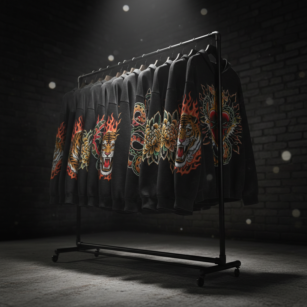 Digital-art hero image for a clothing-focused gallery: a clothing rack of matte black metal holding a tight collection of tattooable garments—oversized tees, hoodies, and lightweight jackets—each featuring large, centered illustrations in a bold tattoo style. Designs include a roaring tiger surrounded by flames, a coiled snake wrapped through chrysanthemums, and a sacred heart bursting with thorns. A concrete floor and dark brick wall background keep focus on the garments. A single spotlight from above creates high-contrast lighting, making the prints glow against the shadows. Shot at a three-quarter angle with shallow depth of field, the nearest garments are razor sharp, while the rest blur into a moody bokeh. The atmosphere is edgy, fashion-forward, and proudly showcases the emerging artist’s tattooable apparel line.