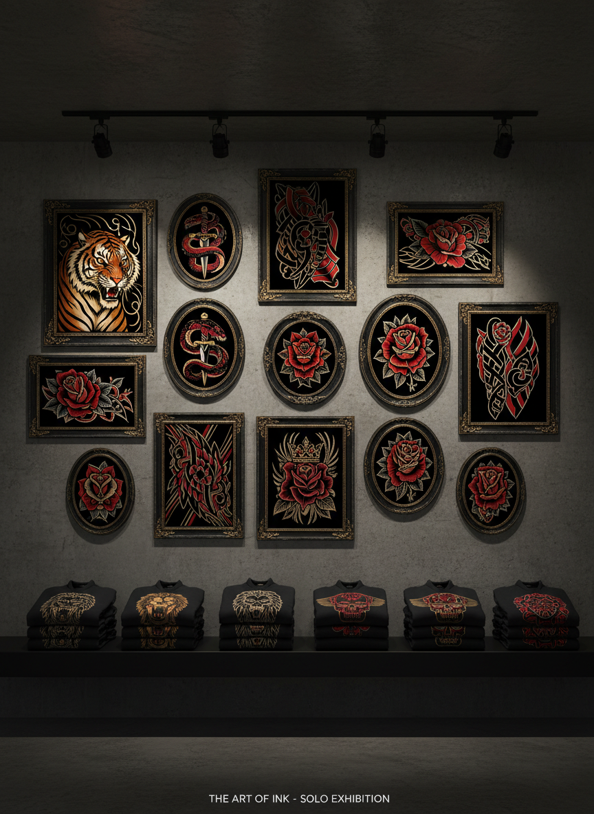 Digital-art banner illustration for a gallery page: an array of framed tattoo-style artworks arranged salon-wall style on a dark concrete wall. Frames show diverse designs—mythic tigers, serpents coiled around daggers, stylized roses, and abstract geometric sleeves—each rendered with thick outlines and saturated reds, blacks, and golds. Below, a sleek black shelf holds neatly folded tattooable hoodies and shirts, each displaying bold chest and back graphics. Overhead, diffused track lights create pools of light, leaving the ceiling in subtle shadow. The scene is viewed straight on, with sharp focus across the entire image, conveying a dramatic, curated exhibition vibe. The digital-art rendering is clean yet edgy, reinforcing a bold, professional portfolio of an up-and-coming artist.