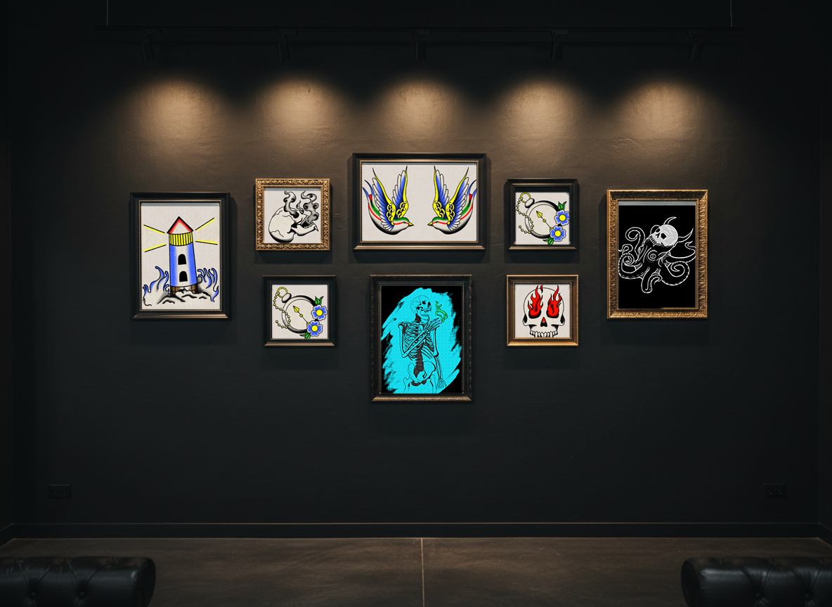 A gallery wall in a dark tattoo studio featuring multiple framed tattoo designs arranged in a salon-style layout. Various frames in black metal and ornate gold hold colorful and monochrome tattoo artwork including designs of a lighthouse, winged birds, florals, a skeleton, and ornate patterns. Warm overhead track lighting creates dramatic shadows and highlights the artwork against the matte black concrete wall.